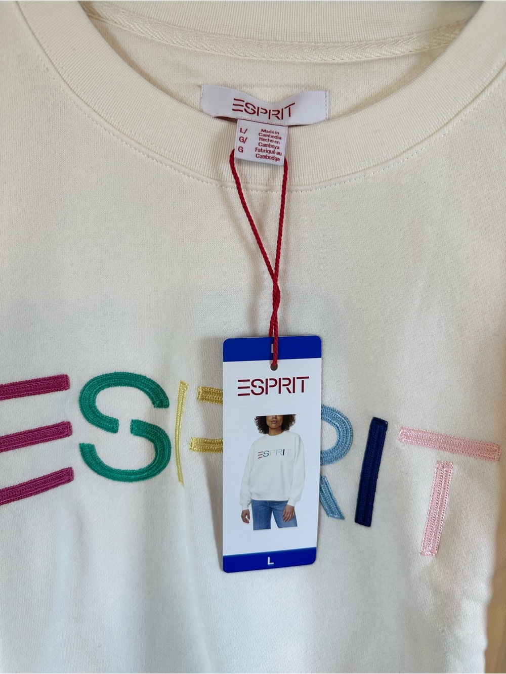 NWT Esprit Sweatshirt Cream with Multicolor Embroidered Logo L - Picture 2 of 6